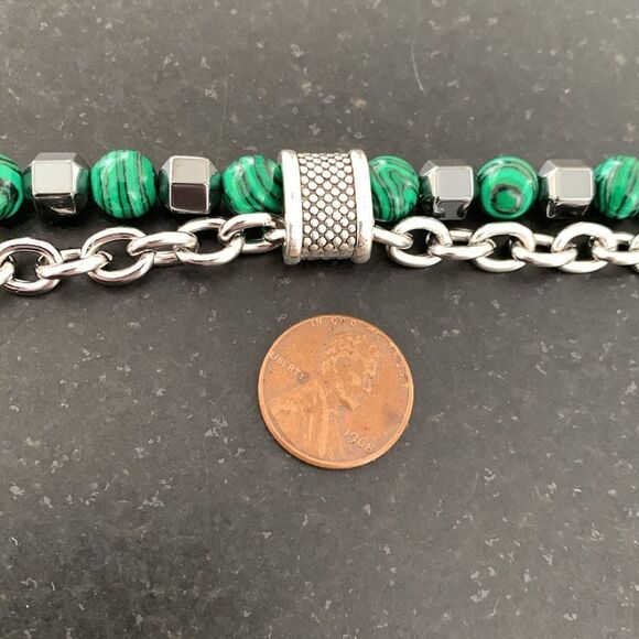 Women’s Malachite Green & Hematite Double Strand Beaded Bracelet with Chain - Picture 10 of 10